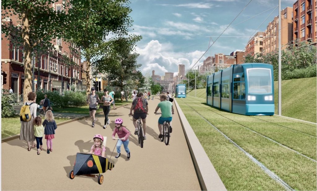 Rendering of light rail along the Atlanta Beltline.