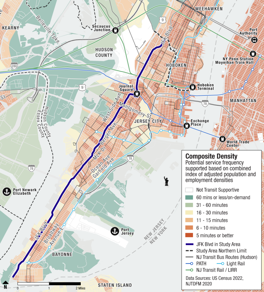 Map of JFK Boulevard in Bayonne and Jersey City. 