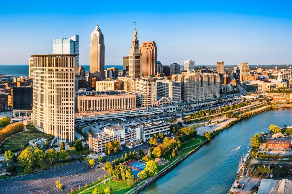 The Cleveland skyline, with a river in the foreground