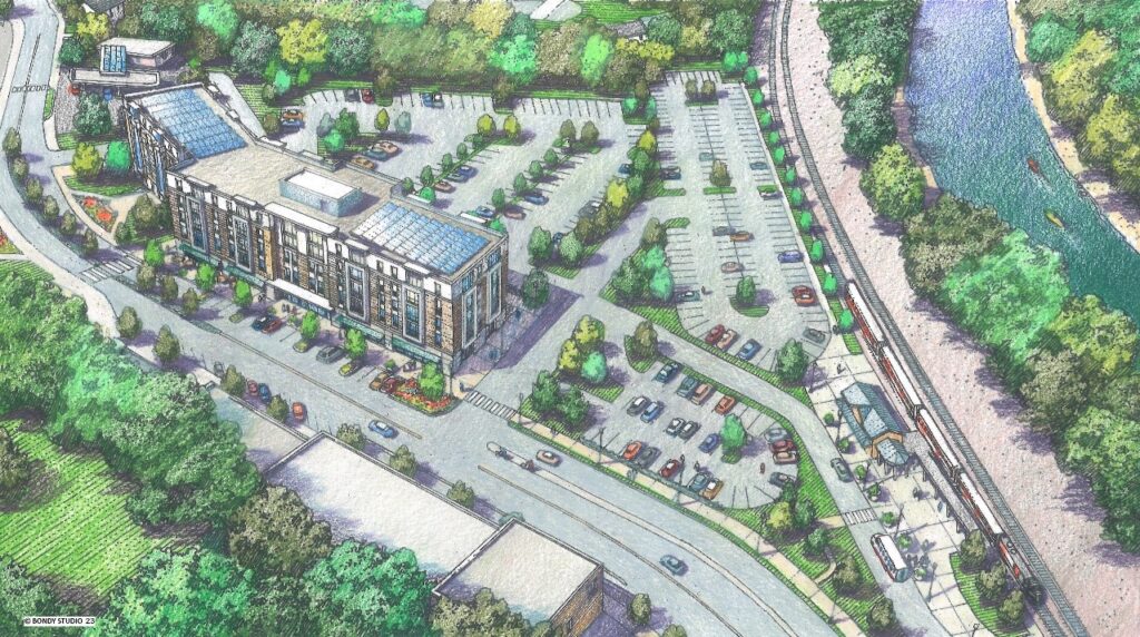 Aerial rendering of the Windsor Locks train station