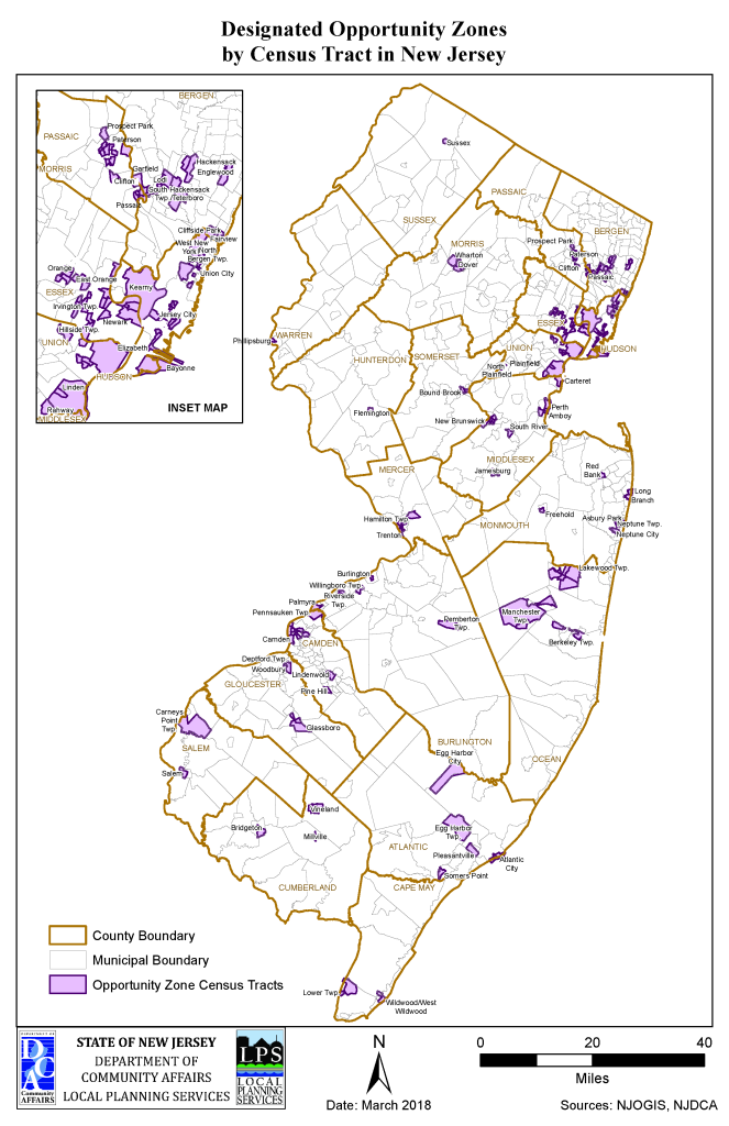 Designated New Jersey Opportunity Zones by Census Tract. Source NJ Department of Community Affairs.