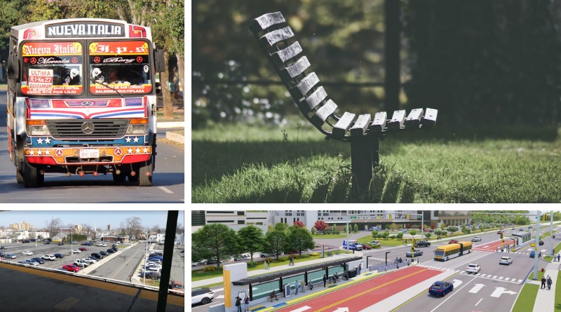 Paraguay plans for electric mobility (top-left); Surgeon General addresses loneliness (top-right); Parking shapes everything (bottom-left); Raleigh advances BRT (bottom-right)